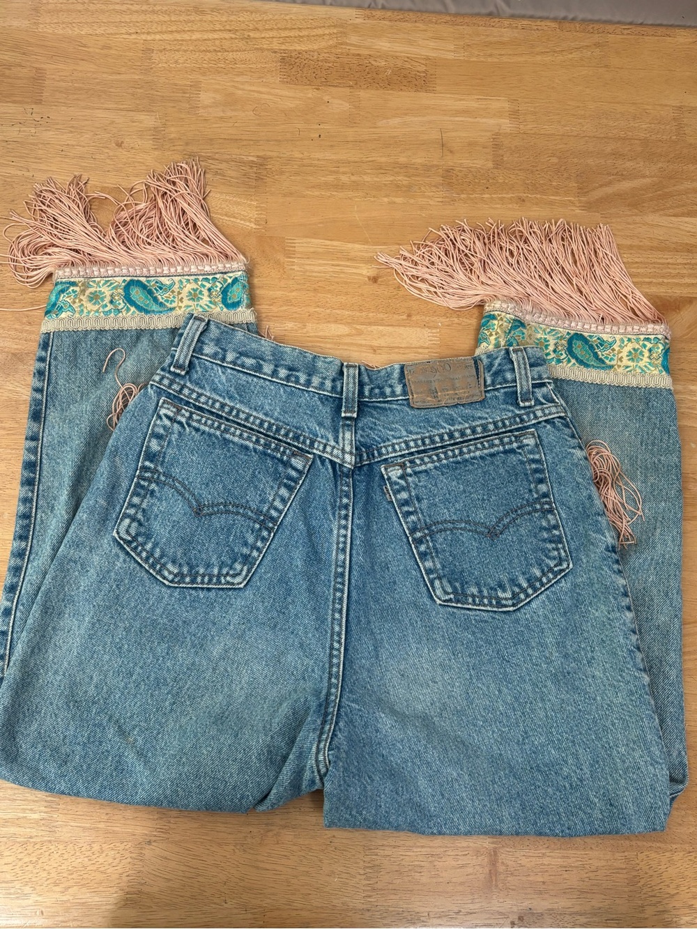 VTG 90s Levi's 569 upcycled fringe paisley jeans loose straight fit 900 series - Picture 7 of 12